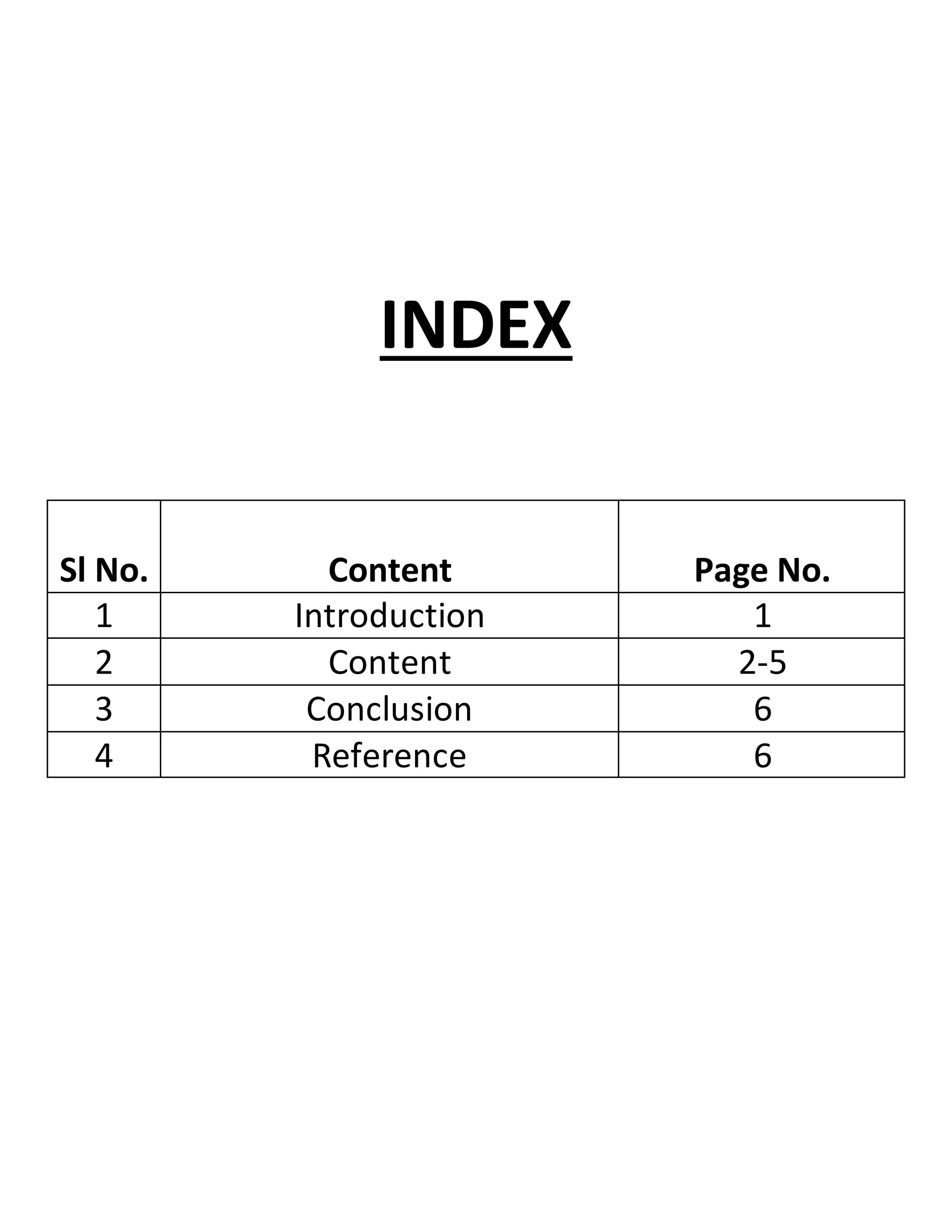 INDEX
Sl No. Content Page No.
1 Introduction 1
2 Content 2-5
3 Conclusion 6
4 Reference 6
 