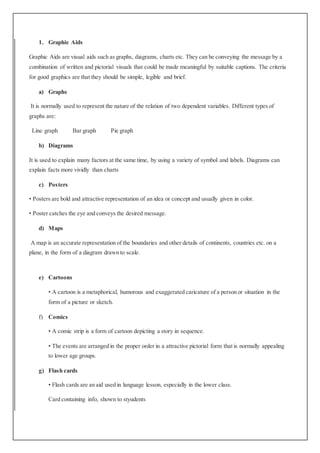 1. Graphic Aids
Graphic Aids are visual aids such as graphs, diagrams, charts etc. They can be conveying the message by a
combination of written and pictorial visuals that could be made meaningful by suitable captions. The criteria
for good graphics are that they should be simple, legible and brief.
a) Graphs
It is normally used to represent the nature of the relation of two dependent variables. Different types of
graphs are:
Line graph Bar graph Pie graph
b) Diagrams
It is used to explain many factors at the same time, by using a variety of symbol and labels. Diagrams can
explain facts more vividly than charts
c) Posters
• Posters are bold and attractive representation of an idea or concept and usually given in color.
• Poster catches the eye and conveys the desired message.
d) Maps
A map is an accurate representation of the boundaries and other details of continents, countries etc. on a
plane, in the form of a diagram drawn to scale.
e) Cartoons
• A cartoon is a metaphorical, humorous and exaggerated caricature of a person or situation in the
form of a picture or sketch.
f) Comics
• A comic strip is a form of cartoon depicting a story in sequence.
• The events are arranged in the proper order in a attractive pictorial form that is normally appealing
to lower age groups.
g) Flash cards
• Flash cards are an aid used in language lesson, especially in the lower class.
Card containing info, shown to styudents
 