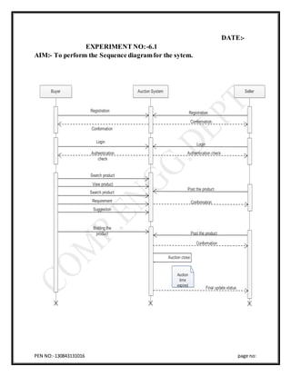 PEN NO:-130843131016 page no:
DATE:-
EXPERIMENT NO:-6.1
AIM:- To perform the Sequence diagramfor the sytem.
Buyer Auction System Seller
Registration
Conformation
Login
Authentication
check
Search product
View product
Search product
Requirement
Suggestion
Bidding the
product
Auction close
Auction
time
expired
Registration
Conformation
Authentication check
Login
Post the product
Conformation
Post the product
Conformation
Final update status
 