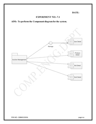 PEN NO:-130843131016 page no:
DATE:
EXPERIMENT NO: -7.1
AIM:- To perform the Componant diagram for the system.
Auction Management
User Detail
Manage
Product
Detail
Bid Detail
Sold Detail
 
