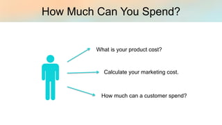 How Much Can You Spend?
What is your product cost?
Calculate your marketing cost.
How much can a customer spend?
 