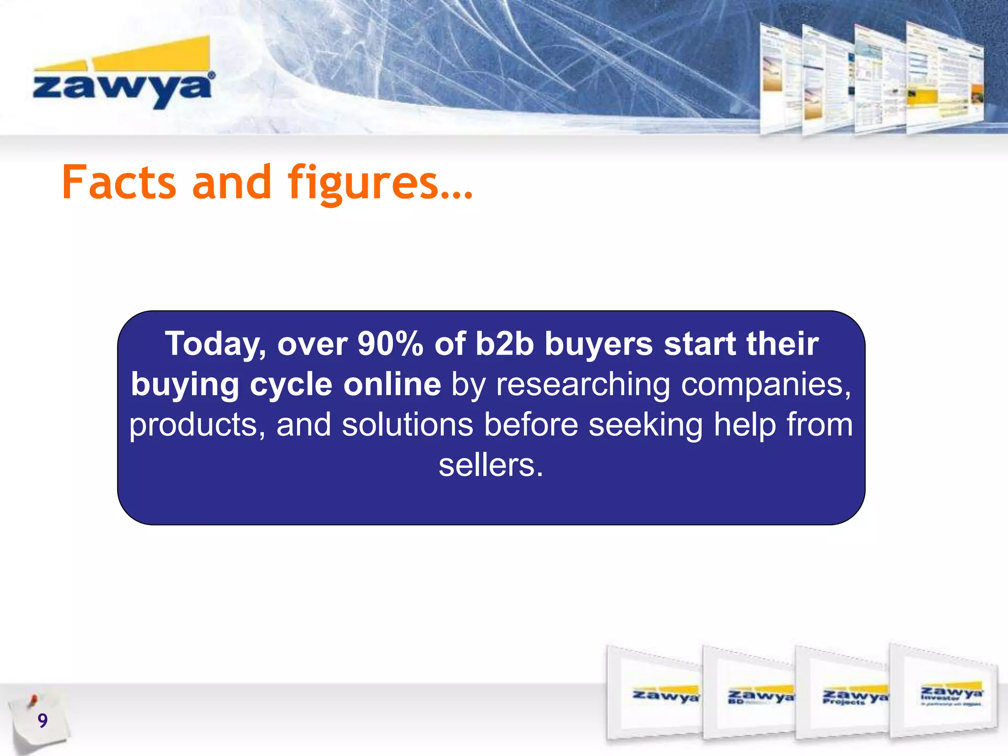 Facts and figures…
9
Today, over 90% of b2b buyers start their
buying cycle online by researching companies,
products, and solutions before seeking help from
sellers.
 