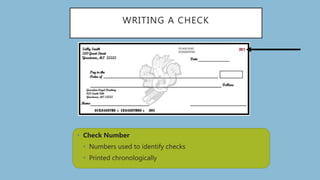 WRITING A CHECK
• Check Number
• Numbers used to identify checks
• Printed chronologically
 