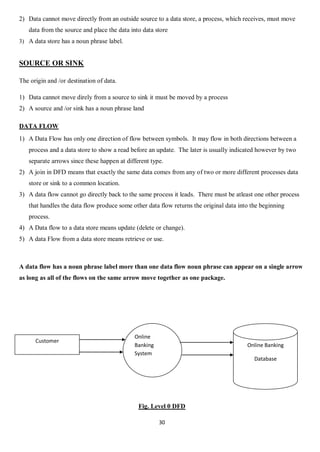 30
2) Data cannot move directly from an outside source to a data store, a process, which receives, must move
data from the source and place the data into data store
3) A data store has a noun phrase label.
SOURCE OR SINK
The origin and /or destination of data.
1) Data cannot move direly from a source to sink it must be moved by a process
2) A source and /or sink has a noun phrase land
DATA FLOW
1) A Data Flow has only one direction of flow between symbols. It may flow in both directions between a
process and a data store to show a read before an update. The later is usually indicated however by two
separate arrows since these happen at different type.
2) A join in DFD means that exactly the same data comes from any of two or more different processes data
store or sink to a common location.
3) A data flow cannot go directly back to the same process it leads. There must be atleast one other process
that handles the data flow produce some other data flow returns the original data into the beginning
process.
4) A Data flow to a data store means update (delete or change).
5) A data Flow from a data store means retrieve or use.
A data flow has a noun phrase label more than one data flow noun phrase can appear on a single arrow
as long as all of the flows on the same arrow move together as one package.
Fig. Level 0 DFD
Online
Banking
System
Customer
Online Banking
Database
 