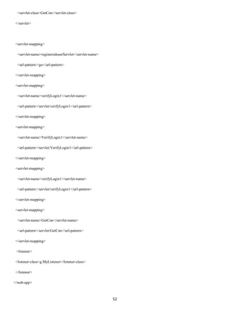 52
<servlet-class>GetCon</servlet-class>
</servlet>
<servlet-mapping>
<servlet-name>registereduserServlet</servlet-name>
<url-pattern>/go</url-pattern>
</servlet-mapping>
<servlet-mapping>
<servlet-name>verifyLogin1</servlet-name>
<url-pattern>/servlet/verifyLogin1</url-pattern>
</servlet-mapping>
<servlet-mapping>
<servlet-name>VerifyLogin1</servlet-name>
<url-pattern>/servlet/VerifyLogin1</url-pattern>
</servlet-mapping>
<servlet-mapping>
<servlet-name>verifyLogin1</servlet-name>
<url-pattern>/servlet/verifyLogin1</url-pattern>
</servlet-mapping>
<servlet-mapping>
<servlet-name>GetCon</servlet-name>
<url-pattern>/servlet/GetCon</url-pattern>
</servlet-mapping>
<listener>
<listener-class>g.MyListener</listener-class>
</listener>
</web-app>
 