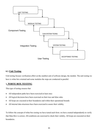 65
8.3. Unit Testing
Unit testing focuses verification effort on the smallest unit of software design, the module. The unit testing we
have is white box oriented and some modules the steps are conducted in parallel.
1. WHITE BOX TESTING
This type of testing ensures that
 All independent paths have been exercised at least once
 All logical decisions have been exercised on their true and false sides
 All loops are executed at their boundaries and within their operational bounds
 All internal data structures have been exercised to assure their validity.
To follow the concept of white box testing we have tested each form .we have created independently to verify
that Data flow is correct, All conditions are exercised to check their validity, All loops are executed on their
boundaries.
UNIT TESTING
MODULE TESTING
SUB-SYSTEM TESING
SYSTEM TESTING
ACCEPTANCE TESTING
Component Testing
Integration Testing
User Testing
 