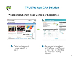 TRUSTed Ads DAA Solution

Website Solution: In-Page Consumer Experience




  1.   Publishers implement       2.   Consumers have option to
       in-page, typically in           click to Preference Manager
       footer                          to learn more about and opt
                                       out of selected tracking
                                       networks
                                                                     27
 