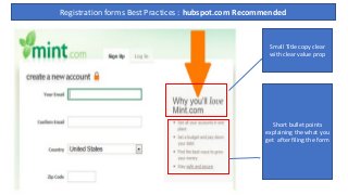 Registration forms Best Practices : hubspot.com Recommended
Small Title copy clear
with clear value prop
Short bullet points
explaining the what you
get after filing the form
 