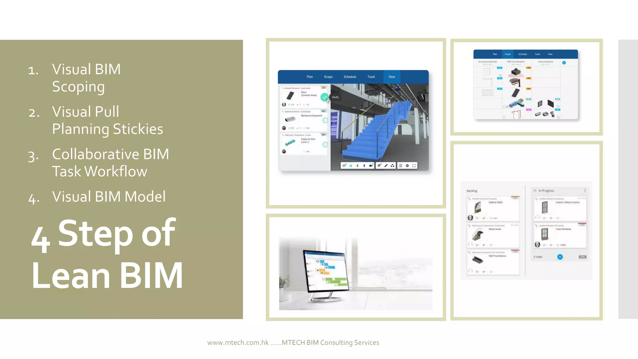 4Step of
Lean BIM
www.mtech.com.hk ......MTECH BIM Consulting Services
1. Visual BIM
Scoping
2. Visual Pull
Planning Stickies
3. Collaborative BIM
TaskWorkflow
4. Visual BIM Model
 