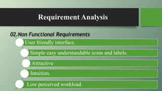 02.Non Functional Requirements
Requirement Analysis
User friendly interface.
Simple easy understandable icons and labels.
Attractive
Intuition.
Low perceived workload.
 