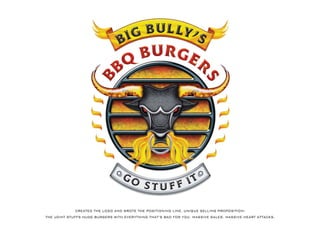 CREATED THELOGO AND WROTETHEPOSITIONING LINE.UNIQUESELLING PROPOSITION:
THEJOINTSTUFFSHUGEBURGERSWITH EVERYTHING THAT’SBAD FORYOU.MASSIVESALES.MASSIVEHEARTATTACKS.
 