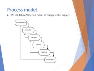 Process model
 We will follow Waterfall model to complete this project
 