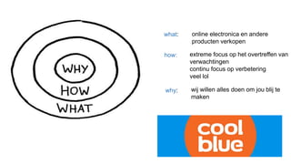 online electronica en andere
producten verkopen
extreme focus op het overtreffen van
verwachtingen
continu focus op verbetering
veel lol
wij willen alles doen om jou blij te
maken
what:
how:
why:
 