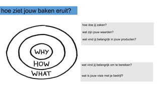 hoe ziet jouw baken eruit?
hoe doe jij zaken?
wat zijn jouw waarden?
wat vind jij belangrijk in jouw producten?
wat vind jij belangrijk om te bereiken?
wat is jouw visie met je bedrijf?
 