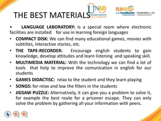 THE BEST MATERIALS
• LANGUAGE LABORATORY: Is a special room where electronic
facilities are installed for use in learning foreign languages
• COMPACT DISK: We can find many educational games, movies with
subtitles, interactive stories, etc.
• THE TAPE-RECORDER: Encourage english students to gain
knowledge, develop attitudes and learn listening and speaking skill.
• MULTIMEDIA MATERIAL: With the technology we can find a lot of
tools that help to improve the comunication in english for our
students
• GAMES DIDACTISC: relax to the student and they learn playing
• SONGS: for relax and low the filters in the students
• JIGSAW PUZZLE: Alternatively, it can give you a problem to solve it,
for example the best route for a prisoner escape. They can only
solve the problem by gathering all your information with peers.
 