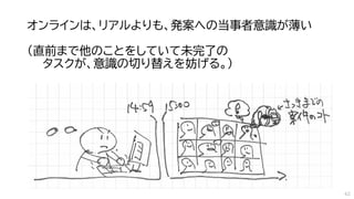 オンラインは、リアルよりも、発案への当事者意識が薄い
（直前まで他のことをしていて未完了の
タスクが、意識の切り替えを妨げる。）
42
 