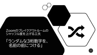 Zoomのブレイクアウトルームの
シャッフル度を上げる工夫
「ランダムな3桁数字を、
名前の前につける」
47
 
