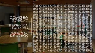 3.
1415926535 8979323846 2643383279 5028841971
6939937510 5820974944 5923078164 0628620899
8628034825 3421170679 8214808651 3282306647
0938446095 5058223172 5359408128 4811174502
8410270193 8521105559 6446229489 5493038196
4428810975 6659334461 2847564823 3786783165
2712019091 4564856692 3460348610 4543266482
1339360726 0249141273 7245870066 0631558817
4881520920 9628292540 9171536436 7892590360
0113305305 4882046652 1384146951 9415116094
3305727036 5759591953 0921861173 8193261179
3105118548 0744623799 6274956735 1885752724
8912279381 8301194912 9833673362 4406566430
8602139494 6395224737 1907021798 6094370277
0539217176 2931767523 8467481846 7669405132
0005681271 4526356082 7785771342 7577896091
ここから3桁の
数字を拾って
名前の前に記入
してください
ななめ、たて、
に拾ってもOK
48
 