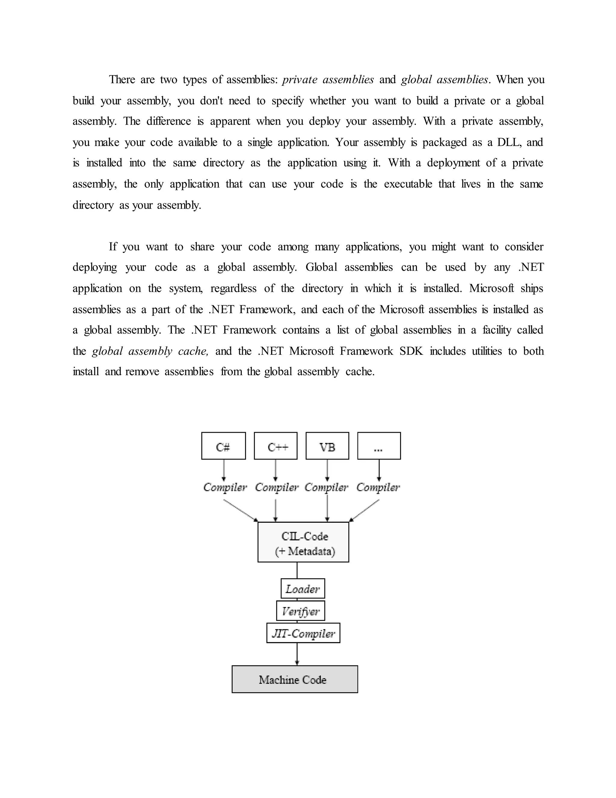 There are two types of assemblies: private assemblies and global assemblies. When you
build your assembly, you don't need to specify whether you want to build a private or a global
assembly. The difference is apparent when you deploy your assembly. With a private assembly,
you make your code available to a single application. Your assembly is packaged as a DLL, and
is installed into the same directory as the application using it. With a deployment of a private
assembly, the only application that can use your code is the executable that lives in the same
directory as your assembly.
If you want to share your code among many applications, you might want to consider
deploying your code as a global assembly. Global assemblies can be used by any .NET
application on the system, regardless of the directory in which it is installed. Microsoft ships
assemblies as a part of the .NET Framework, and each of the Microsoft assemblies is installed as
a global assembly. The .NET Framework contains a list of global assemblies in a facility called
the global assembly cache, and the .NET Microsoft Framework SDK includes utilities to both
install and remove assemblies from the global assembly cache.
 