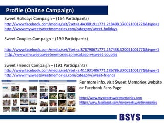    Profile (Online Campaign)Sweet Holidays Campaign – (164 Participants)http://www.facebook.com/media/set/?set=a.443881911771.218408.370021001771&type=1http://www.mysweetsweetmemories.com/category/sweet-holidays Sweet Couples Campaign – (199 Participants)http://www.facebook.com/media/set/?set=a.378798671771.157438.370021001771&type=1  http://www.mysweetsweetmemories.com/category/sweet-couples Sweet Friends Campaign – (191 Participants)http://www.facebook.com/media/set/?set=a.411931406771.186786.370021001771&type=1 http://www.mysweetsweetmemories.com/category/sweet-friendsFor more info, visitSweetMemorieswebsite or Facebook Fans Page:http://www.mysweetsweetmemories.comhttp://www.facebook.com/mysweetsweetmemories