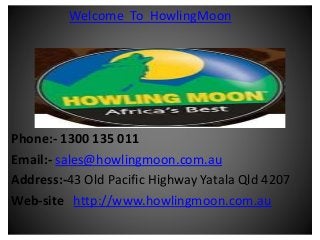 Welcome To HowlingMoon 
Phone:- 1300 135 011 
Email:- sales@howlingmoon.com.au 
Address:-43 Old Pacific Highway Yatala Qld 4207 
Web-site http://www.howlingmoon.com.au 
 
