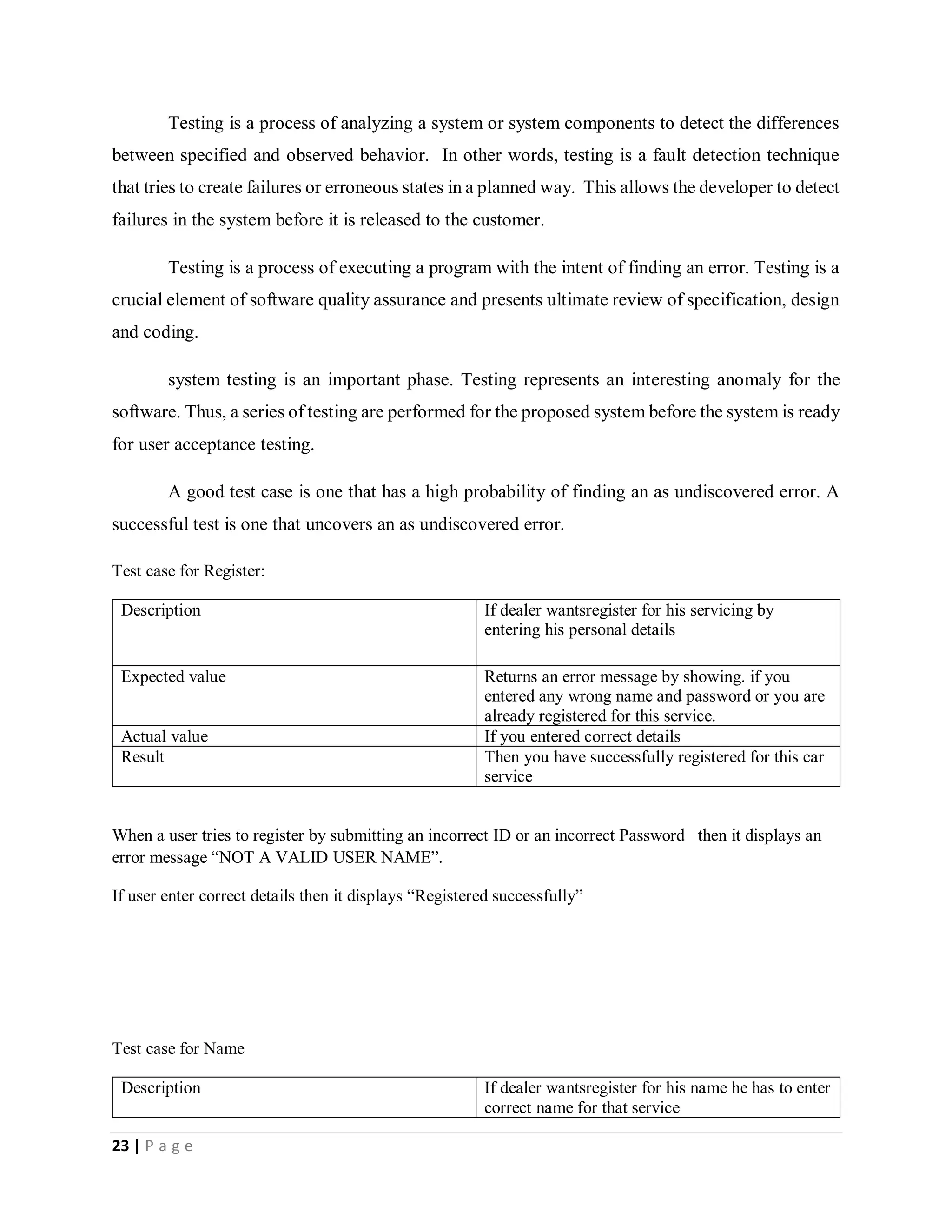 23 | P a g e
Testing is a process of analyzing a system or system components to detect the differences
between specified and observed behavior. In other words, testing is a fault detection technique
that tries to create failures or erroneous states in a planned way. This allows the developer to detect
failures in the system before it is released to the customer.
Testing is a process of executing a program with the intent of finding an error. Testing is a
crucial element of software quality assurance and presents ultimate review of specification, design
and coding.
system testing is an important phase. Testing represents an interesting anomaly for the
software. Thus, a series of testing are performed for the proposed system before the system is ready
for user acceptance testing.
A good test case is one that has a high probability of finding an as undiscovered error. A
successful test is one that uncovers an as undiscovered error.
Test case for Register:
Description If dealer wantsregister for his servicing by
entering his personal details
Expected value Returns an error message by showing. if you
entered any wrong name and password or you are
already registered for this service.
Actual value If you entered correct details
Result Then you have successfully registered for this car
service
When a user tries to register by submitting an incorrect ID or an incorrect Password then it displays an
error message “NOT A VALID USER NAME”.
If user enter correct details then it displays “Registered successfully”
Test case for Name
Description If dealer wantsregister for his name he has to enter
correct name for that service
 