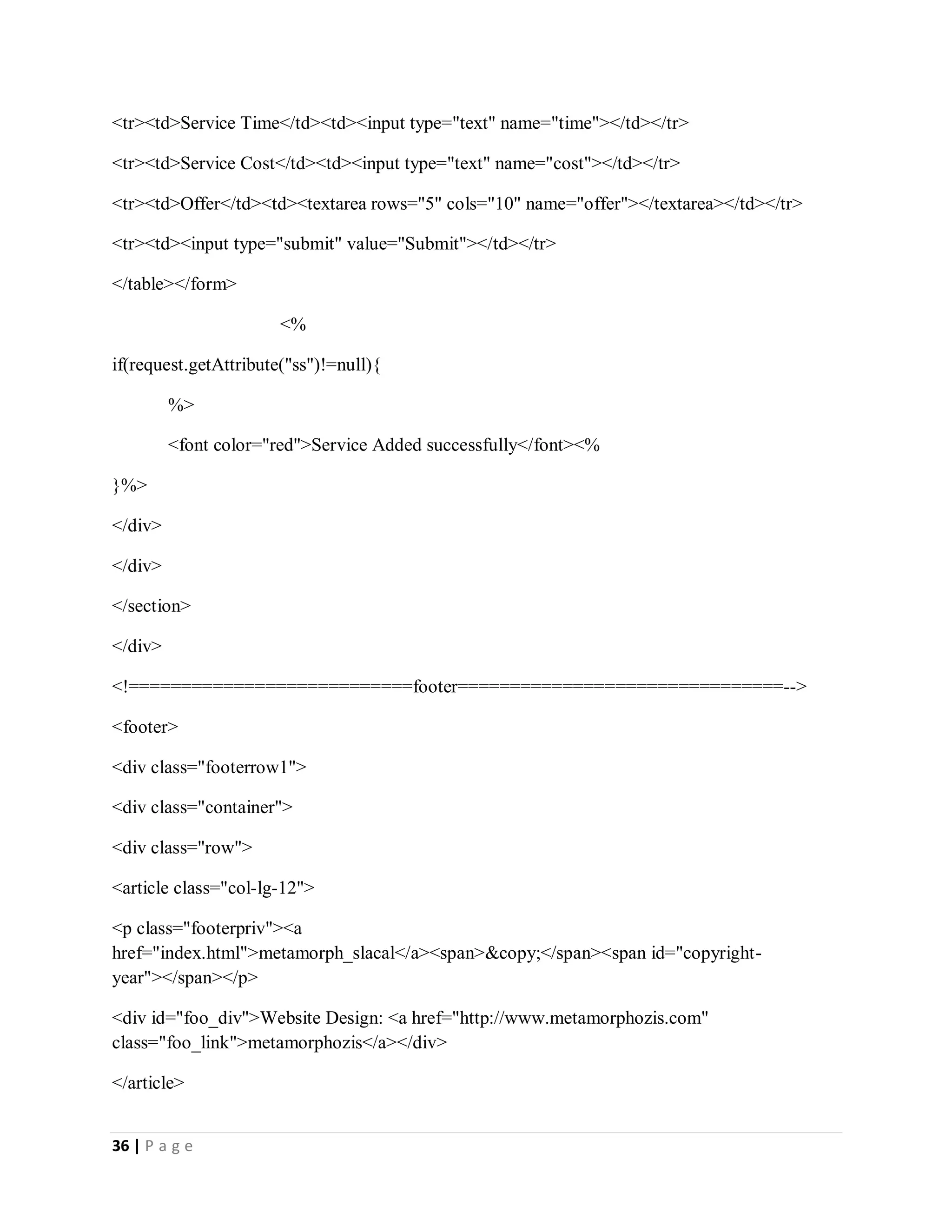 36 | P a g e
<tr><td>Service Time</td><td><input type="text" name="time"></td></tr>
<tr><td>Service Cost</td><td><input type="text" name="cost"></td></tr>
<tr><td>Offer</td><td><textarea rows="5" cols="10" name="offer"></textarea></td></tr>
<tr><td><input type="submit" value="Submit"></td></tr>
</table></form>
<%
if(request.getAttribute("ss")!=null){
%>
<font color="red">Service Added successfully</font><%
}%>
</div>
</div>
</section>
</div>
<!===========================footer===============================-->
<footer>
<div class="footerrow1">
<div class="container">
<div class="row">
<article class="col-lg-12">
<p class="footerpriv"><a
href="index.html">metamorph_slacal</a><span>&copy;</span><span id="copyright-
year"></span></p>
<div id="foo_div">Website Design: <a href="http://www.metamorphozis.com"
class="foo_link">metamorphozis</a></div>
</article>
 