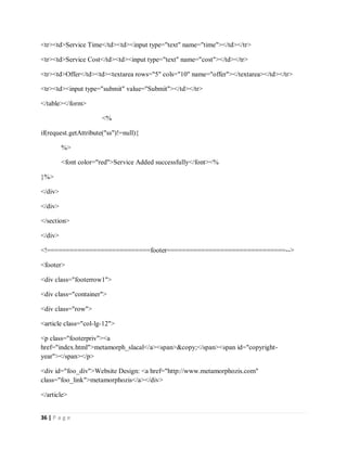 36 | P a g e
<tr><td>Service Time</td><td><input type="text" name="time"></td></tr>
<tr><td>Service Cost</td><td><input type="text" name="cost"></td></tr>
<tr><td>Offer</td><td><textarea rows="5" cols="10" name="offer"></textarea></td></tr>
<tr><td><input type="submit" value="Submit"></td></tr>
</table></form>
<%
if(request.getAttribute("ss")!=null){
%>
<font color="red">Service Added successfully</font><%
}%>
</div>
</div>
</section>
</div>
<!===========================footer===============================-->
<footer>
<div class="footerrow1">
<div class="container">
<div class="row">
<article class="col-lg-12">
<p class="footerpriv"><a
href="index.html">metamorph_slacal</a><span>&copy;</span><span id="copyright-
year"></span></p>
<div id="foo_div">Website Design: <a href="http://www.metamorphozis.com"
class="foo_link">metamorphozis</a></div>
</article>
 
