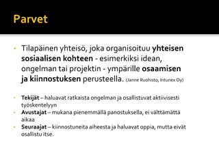 • Tilapäinen yhteisö, joka organisoituu yhteisen
sosiaalisen kohteen - esimerkiksi idean,
ongelman tai projektin - ympärille osaamisen
ja kiinnostuksen perusteella. (Janne Ruohisto, Intunex Oy)
• Tekijät – haluavat ratkaista ongelman ja osallistuvat aktiivisesti
työskentelyyn
• Avustajat – mukana pienemmällä panostuksella, ei välttämättä
aikaa
• Seuraajat – kiinnostuneita aiheesta ja haluavat oppia, mutta eivät
osallistu itse.
 