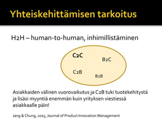 H2H – human-to-human, inhimillistäminen
B2C
C2B
B2B
C2C
Asiakkaiden välinen vuorovaikutus ja C2B tuki tuotekehitystä
ja lisäsi myyntiä enemmän kuin yrityksen viestiessä
asiakkaalle päin!
Jang & Chung, 2015, Journal of Product Innovation Management
 