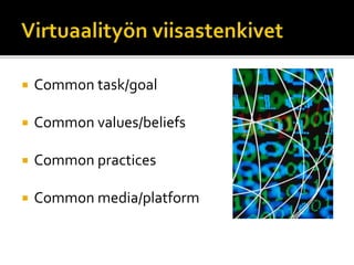  Common task/goal
 Common values/beliefs
 Common practices
 Common media/platform
 
