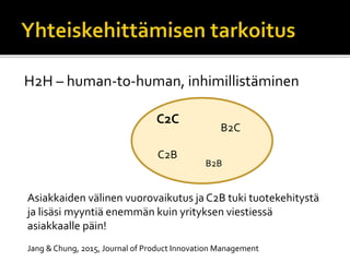 H2H – human-to-human, inhimillistäminen
B2C
C2B
B2B
C2C
Asiakkaiden välinen vuorovaikutus ja C2B tuki tuotekehitystä
ja li...