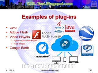 Examples of plug-ins
 Java
 Adobe Flash
 Video Players
 Apple QuickTime Player
 Real Player
 Google Earth
254/22/2018 Online Collaboration
 