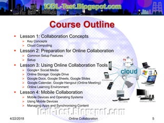 Online Collaboration 5
 Lesson 1: Collaboration Concepts
 Key Concepts
 Cloud Computing
 Lesson 2: Preparation for Online Collaboration
 Common Setup Features
 Setup
 Lesson 3: Using Online Collaboration Tools
 Google+ Social Media
 Online Storage: Google Drive
 Google Docs, Google Sheets, Google Slides
 Google Calendar, Google Hangout (Online Meeting)
 Online Learning Environment
 Lesson 4: Mobile Collaboration
 Mobile Devices and Operating Systems
 Using Mobile Devices
 Managing Apps and Synchronising Content
Course Outline
4/22/2018
 