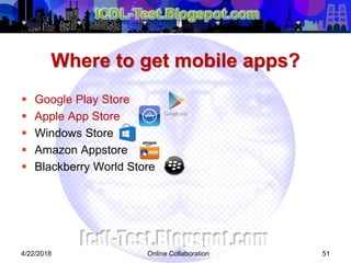 Where to get mobile apps?
 Google Play Store
 Apple App Store
 Windows Store
 Amazon Appstore
 Blackberry World Store
514/22/2018 Online Collaboration
 