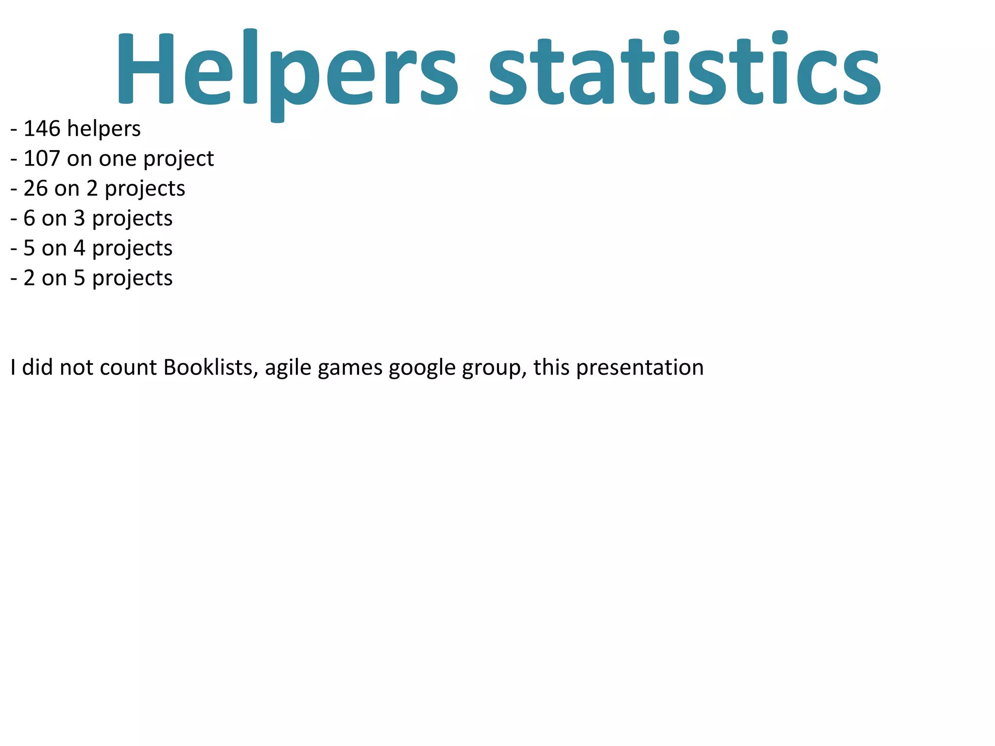 Helpers statistics
- 146 helpers
- 107 on one project
- 26 on 2 projects
- 6 on 3 projects
- 5 on 4 projects
- 2 on 5 projects


I did not count Booklists, agile games google group, this presentation
 