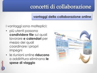vantaggi della collaborazione online
I vantaggi sono molteplici:
• più utenti possono
condividere file sui quali
lavorare e calendari per
mezzo dei quali
coordinare i propri
impegni
• le riunioni online riducono
o addirittura eliminano le
spese di viaggio
 