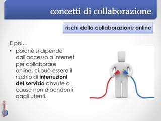 rischi della collaborazione online
E poi…
• poiché si dipende
dall'accesso a internet
per collaborare
online, ci può essere il
rischio di interruzioni
del servizio dovute a
cause non dipendenti
dagli utenti.
 