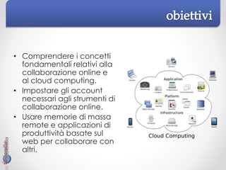 • Comprendere i concetti
fondamentali relativi alla
collaborazione online e
al cloud computing.
• Impostare gli account
necessari agli strumenti di
collaborazione online.
• Usare memorie di massa
remote e applicazioni di
produttività basate sul
web per collaborare con
altri.
 