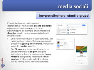 Trovare/eliminare utenti e gruppi
È possibile trovare collaboratori
digitandone il nome nella casella di ricerca
e premere il pulsante cerca, come
nell'immagine di esempio che si riferisce a
Google+, ma la procedura è simile in altri
media sociali.
• Una volta individuato il collaboratore, per
collegarsi con lui è sufficiente premere il
pulsante Aggiungi alle cerchie, indicando
in quale cerchia inserirlo.
• Per Eliminare una connessione con un
collaboratore su Google+ bisogna
individuarne il nome andando su Home,
Persone, scegliendo la scheda Le tue
cerchie, e cliccando sulla X in alto a
destra nel riquadro del collaboratore.
 