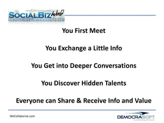 You First Meet

                     You Exchange a Little Info

              You Get into Deeper Conversations

                    You Discover Hidden Talents

    Everyone can Share & Receive Info and Value
WeCollaborize.com
 