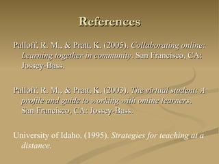 References Palloff, R. M., & Pratt, K. (2005).  Collaborating online: Learning together in community . San Francisco, CA: Jossey-Bass. Palloff, R. M., & Pratt, K. (2003).  The virtual student: A profile and guide to working with online learners . San Francisco, CA: Jossey-Bass.   University of Idaho. (1995).  Strategies for teaching at a distance.    