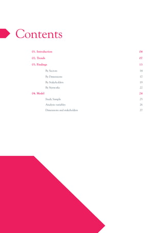 Contents
01. Introduction

04

02. Trends

07

03. Findings

13

	

By Sectors

14

	

By Dimensions

17

	

By Stakeholders

19

	

By Networks

22

04. Model

24

	

Study Sample

25

	

Analysis variables

26

	

Dimensions and stakeholders

27

 