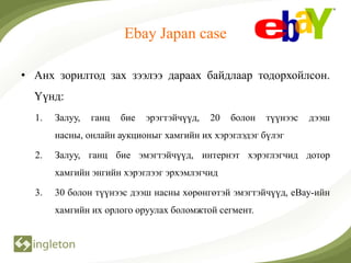 Ebay Japan case

• Анх зорилтод зах зээлээ дараах байдлаар тодорхойлсон.
  Үүнд:
  1.   Залуу,   ганц   бие   эрэгтэйчүүд,   20   болон   түүнээс   дээш
       насны, онлайн аукционыг хамгийн их хэрэглэдэг бүлэг

  2.   Залуу, ганц бие эмэгтэйчүүд, интернэт хэрэглэгчид дотор
       хамгийн энгийн хэрэглээг эрхэмлэгчид

  3.   30 болон түүнээс дээш насны хөрөнгөтэй эмэгтэйчүүд, eBay-ийн
       хамгийн их орлого оруулах боломжтой сегмент.
 