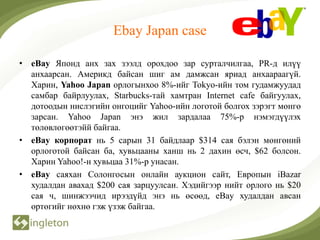 Ebay Japan case

• eBay Японд анх зах зээлд орохдоо зар сурталчилгаа, PR-д илүү
  анхаарсан. Америкд байсан шиг ам дамжсан яриад анхаараагүй.
  Харин, Yahoo Japan орлогынхоо 8%-ийг Tokyo-ийн том гудамжуудад
  самбар байрлуулах, Starbucks-тай хамтран Internet cafe байгуулах,
  дотоодын нислэгийн онгоцийг Yahoo-ийн логотой болгох зэрэгт мөнгө
  зарсан. Yahoo Japan энэ жил зардалаа 75%-р нэмэгдүүлэх
  төлөвлөгөөтэйй байгаа.
• eBay корпорат нь 5 сарын 31 байдлаар $314 сая бэлэн мөнгөний
  орлоготой байсан ба, хувьцааны ханш нь 2 дахин өсч, $62 болсон.
  Харин Yahoo!-н хувьцаа 31%-р унасан.
• eBay саяхан Солонгосын онлайн аукцион сайт, Европын iBazar
  худалдан авахад $200 сая зарцуулсан. Хэдийгээр нийт орлого нь $20
  сая ч, шинжээчид ирээдүйд энэ нь өсөөд, eBay худалдан авсан
  өртөгийг нөхнө гэж үзэж байгаа.
 