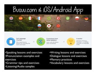 Busuu.com & iOS/Android App
• Speaking lessons and exercises
• Pronunciation examples and
exercises
• Grammar tips and exercises
• Listening/Audio samples
• Writing lessons and exercises
• Dialogue lessons and exercises
• Memory practices
• Vocabulary lessons and exercises
 