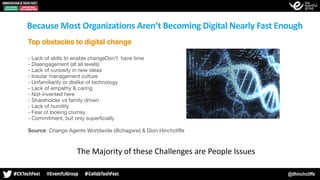 @dhinchcliffe
Because	Most	Organizations	Aren’t	Becoming	Digital	Nearly	Fast	Enough	
- Lack of skills to enable changeDon’t have time
- Disengagement (at all levels)
- Lack of curiosity in new ideas
- Insular management culture
- Unfamiliarity or dislike of technology
- Lack of empathy & caring
- Not-invented here
- Shareholder vs family driven
- Lack of humility
- Fear of looking clumsy
- Commitment, but only superﬁcially
Source: Change Agents Worldwide (@chagww) & Dion Hinchcliﬀe
Top obstacles to digital change
The	Majority	of	these	Challenges	are	People	Issues
 