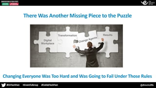 @dhinchcliffe
Digital
Workplace
Transformation Results
Change Agents
There	Was	Another	Missing	Piece	to	the	Puzzle
Changing	Everyone	Was	Too	Hard	and	Was	Going	to	Fail	Under	Those	Rules
 