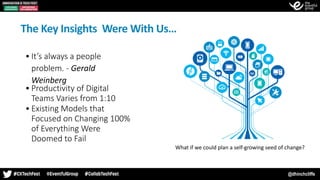 @dhinchcliffe
The	Key	Insights		Were	With	Us…
• It’s always a people
problem. - Gerald	
Weinberg	
• Productivity of Digital
Teams Varies from 1:10
• Existing Models that
Focused on Changing 100%
of Everything Were
Doomed to Fail
What	if	we	could	plan	a	self-growing	seed	of	change?
 