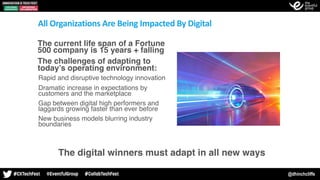 @dhinchcliffe
The digital winners must adapt in all new ways
All	Organizations	Are	Being	Impacted	By	Digital
•The current life span of a Fortune
500 company is 15 years + falling
•The challenges of adapting to
today’s operating environment:
- Rapid and disruptive technology innovation
- Dramatic increase in expectations by
customers and the marketplace
- Gap between digital high performers and
laggards growing faster than ever before
- New business models blurring industry
boundaries
 